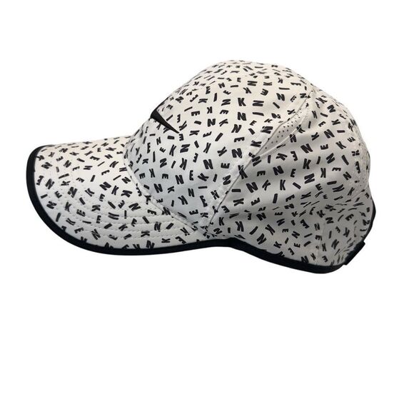 RARE Nike FeatherLight All Over Spellout Letters Black White Hat Cap - Picture 2 of 9